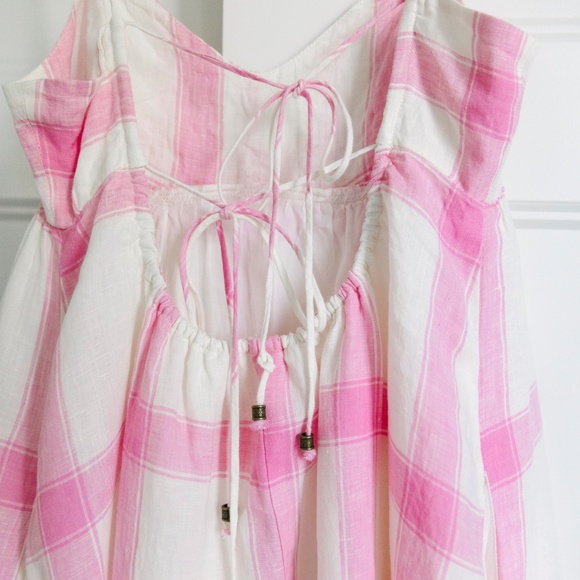 Anthropologie Maeve X-Small Plaid Linen Tie-Back Maxi Dress Bohemian Pink White - Picture 5 of 7
